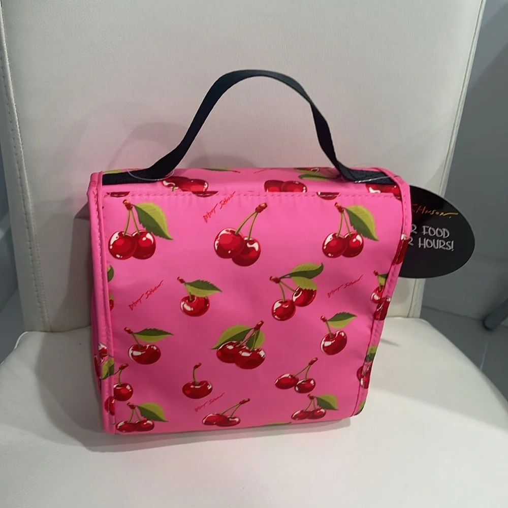 Betsey Johnson Pink/Green/Black Cherry Patterned Insulated Lunch Tote Bag - Picture 4 of 5